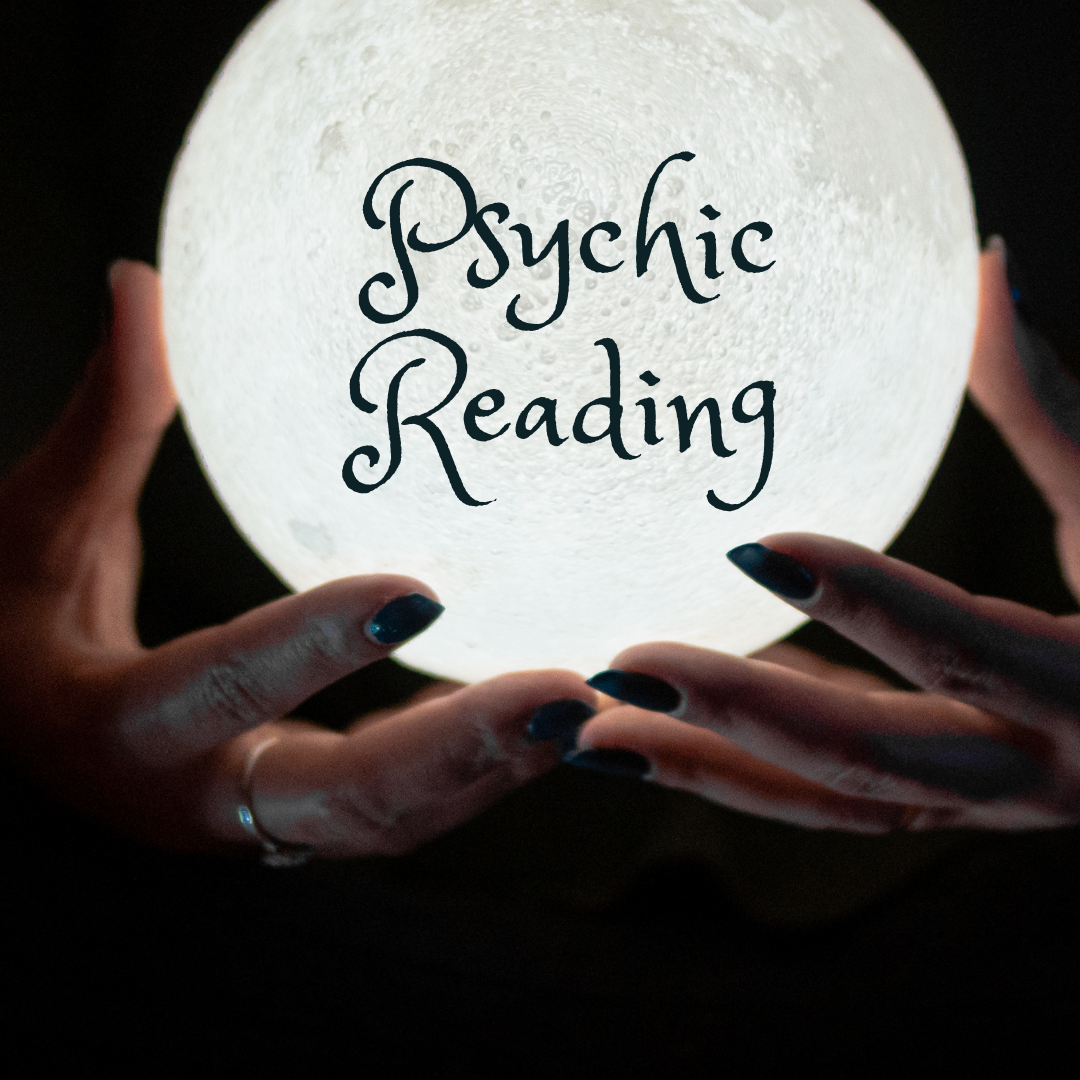 A psychic reading is shown with hands holding the moon.